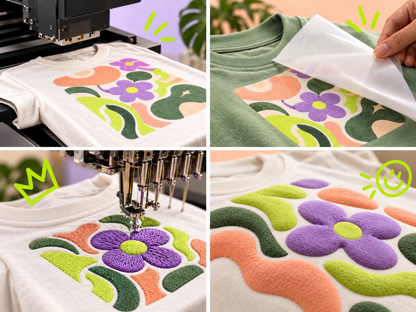 Close-ups of printed, transferred, embroidered and raised decorations on apparel